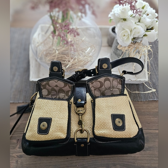 Vintage Coach Legacy Leather Trimmed Manufactured Straw Hobo Shoulder Bag - Picture 3 of 16